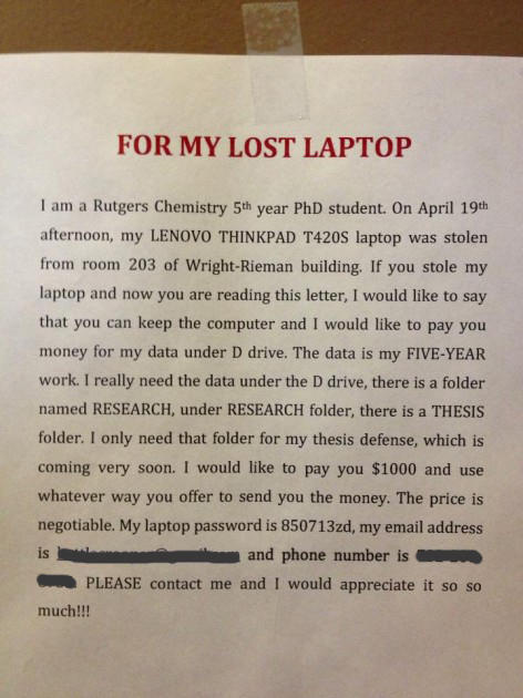 Advert offering to pay thief for data on stolen laptop