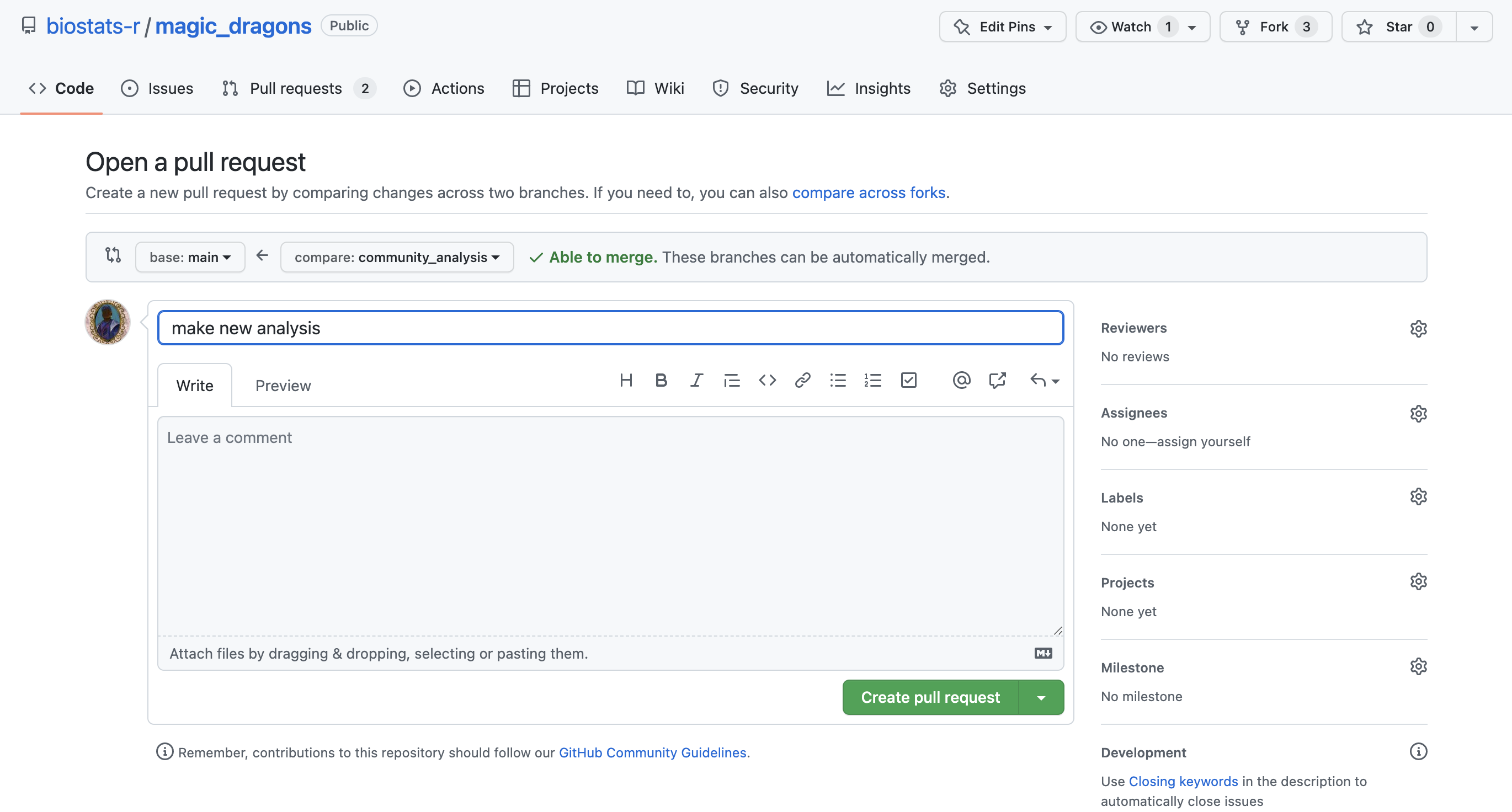 Screenshot of GitHub.com showing the Open a pull request page.