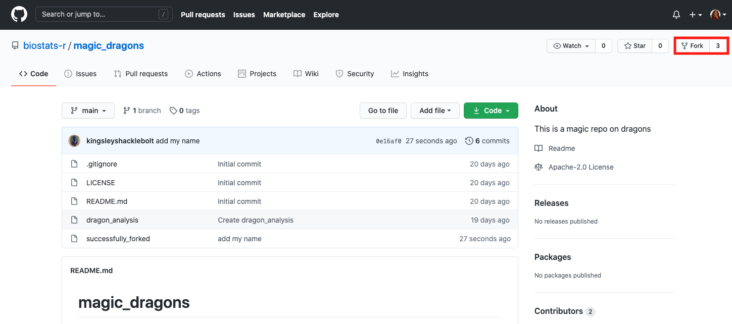 Screenshot of github.com showing location of the fork button.
