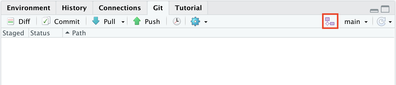 Screenshot of the git panel in RStudio showing the icon for making a new branch