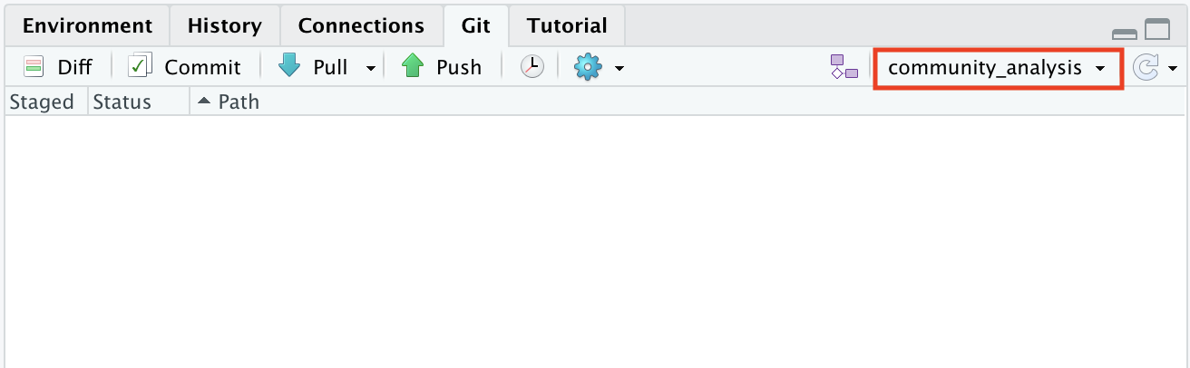 Screenshot of git panel in RStudio showing which branch is active