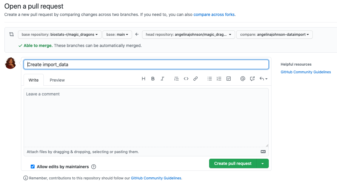 Screenshot of GitHub showing form to create a pull request.