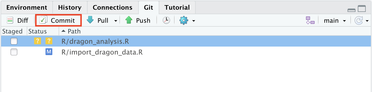 Screenshot of the git panel in Rstudio showing changed and new files.