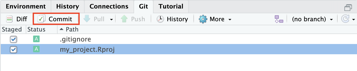 Screenshot of RStudio showing window for staging two files for the first commit, where the commit button is highlighted.