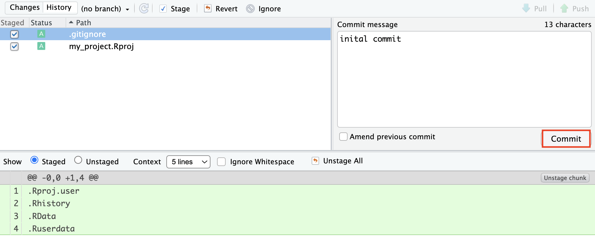 Screenshot of RStudio showing window for staging two files for the first commit, where the commit button is highlighted.