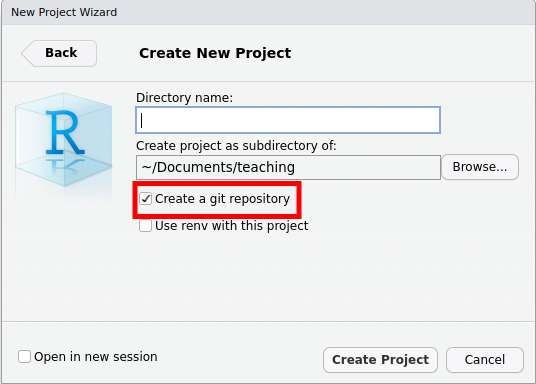 Screenshot of RStudio showing window for making a new RStudio project with git option highlighted
