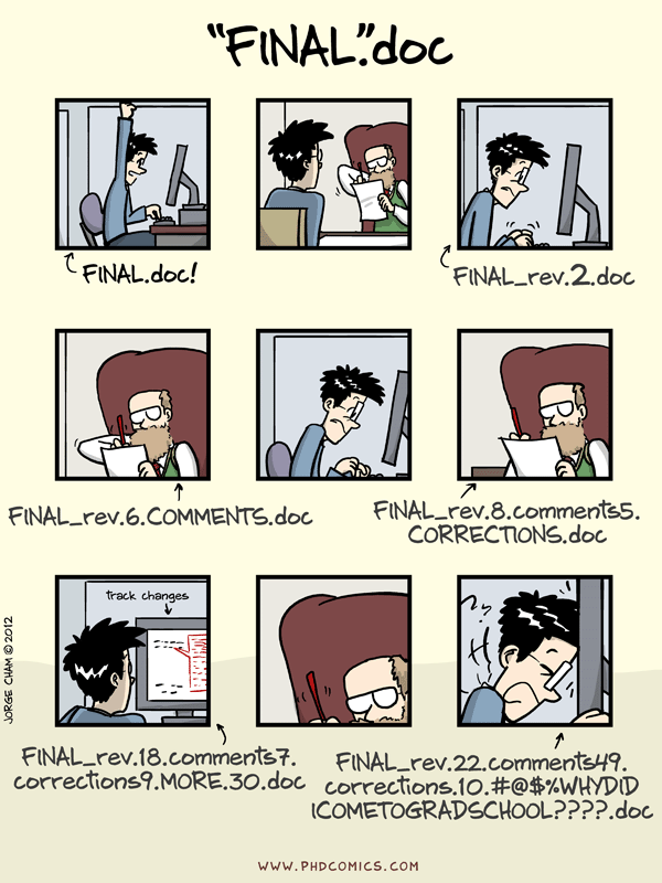 Cartoon showing graduate student saving a file called 'FINAL.doc'. The document is then revised many times before becomming 'FINAL_rev.22.comments49.corrections.10.#@$%WHYDIDICOMETORADSCHOOL????.doc'.