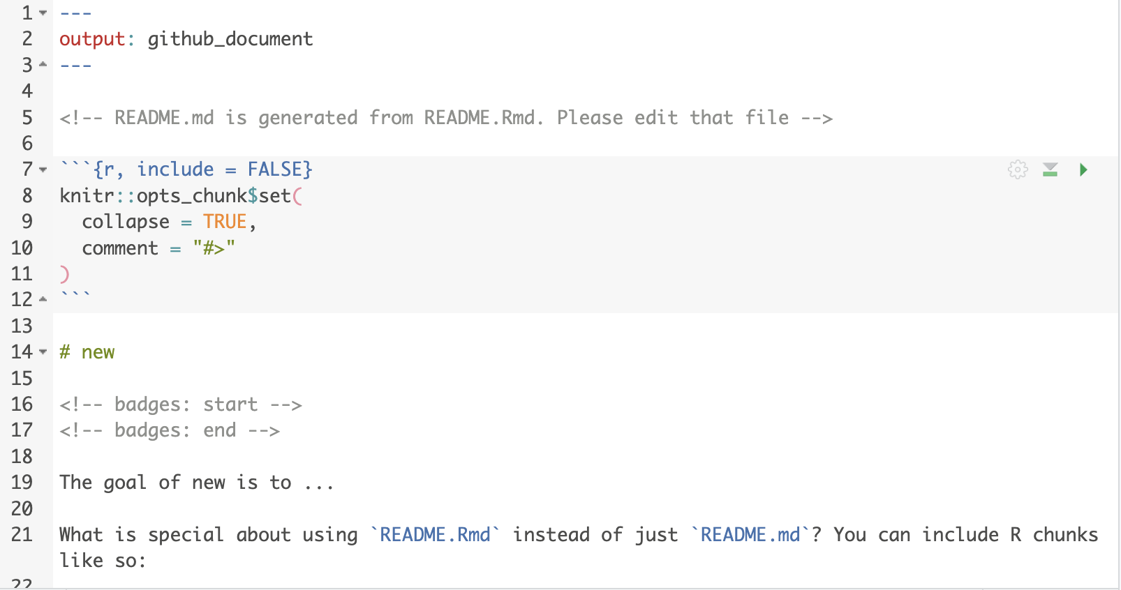 The basic README file showing R chungs and text in a RStudio project.