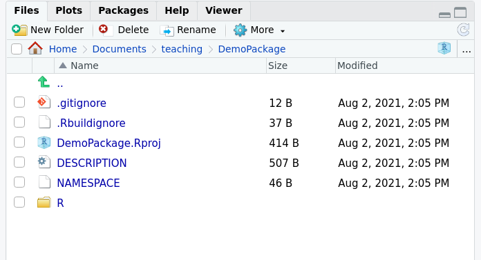 Screenshot of the RStudio files tab showing files generated by usethis::create_package