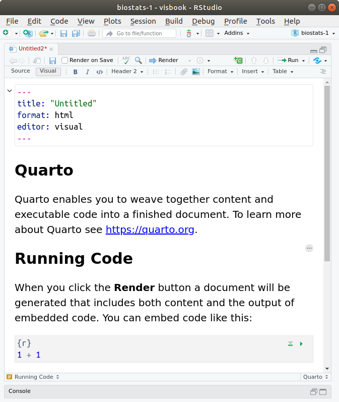 Screenshot of the default quarto document