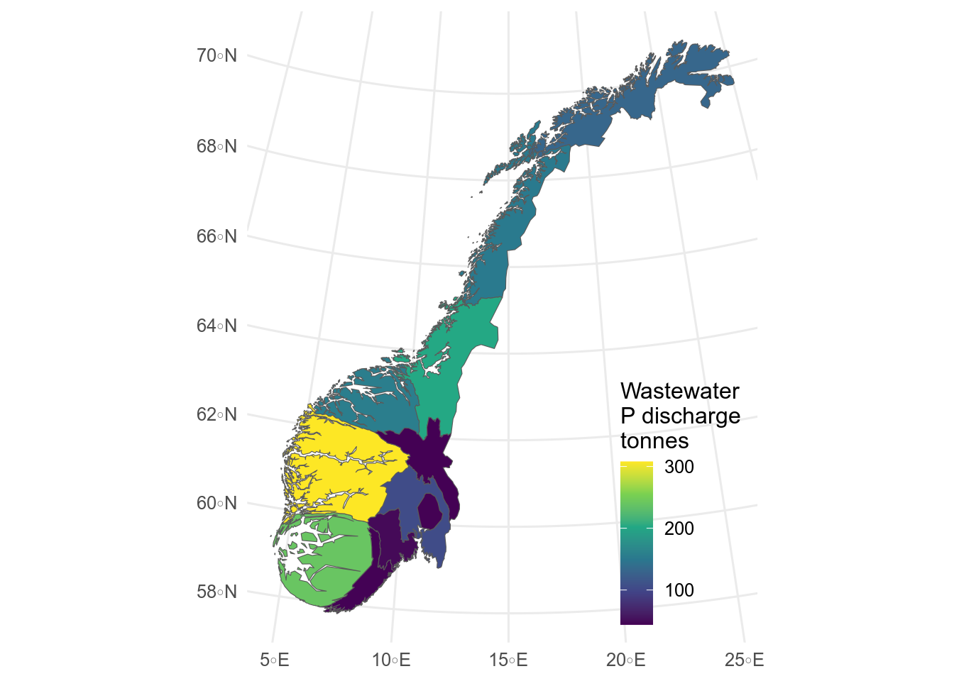 Cartogram showing total phosphate discharge in municipal wastewater by fylke. Vestland is larger and Innlandet is smaller than in the normal map.