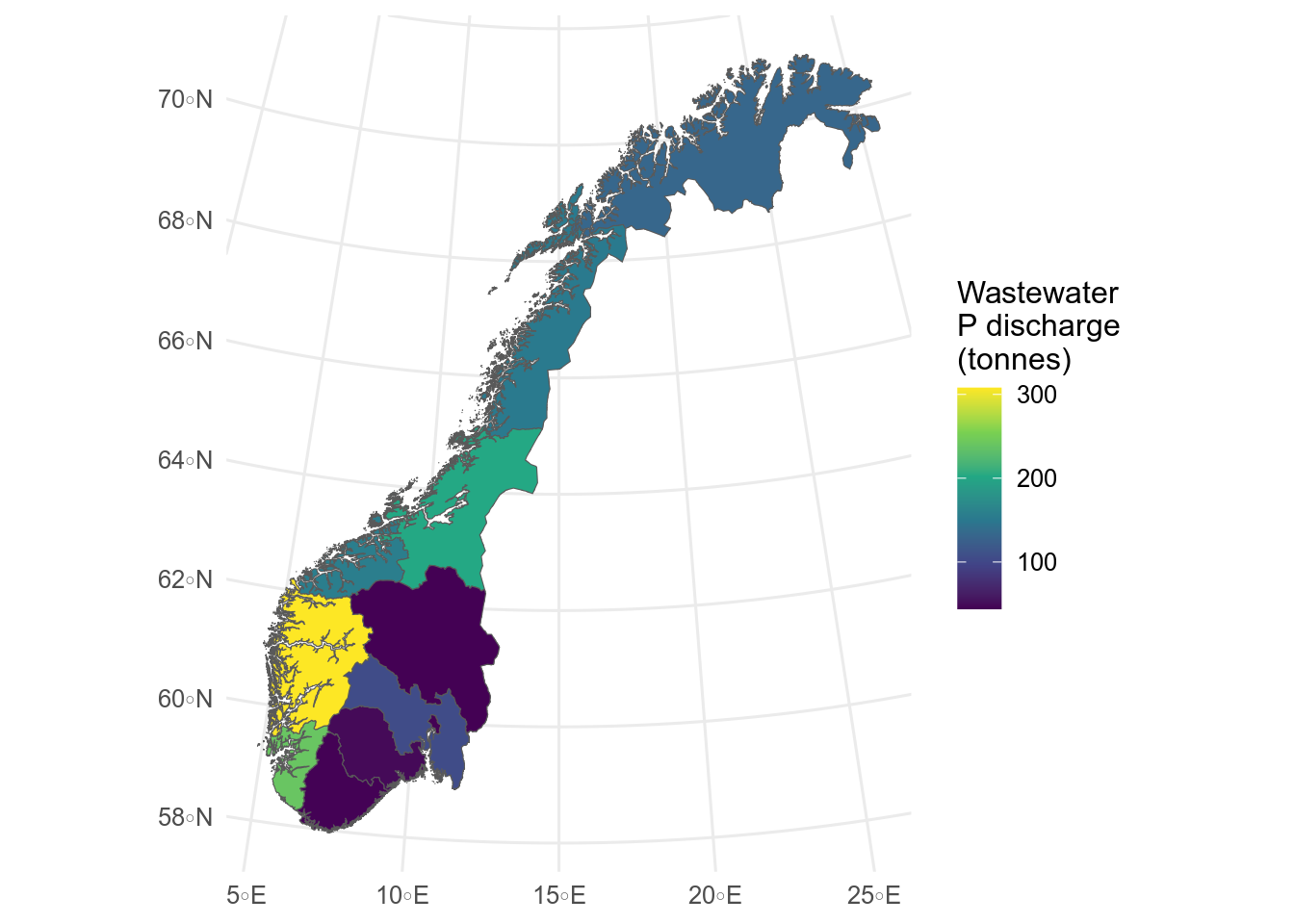 Cloropleth map of phosphate discharges by fylke. Discharges are hightest in Vestland