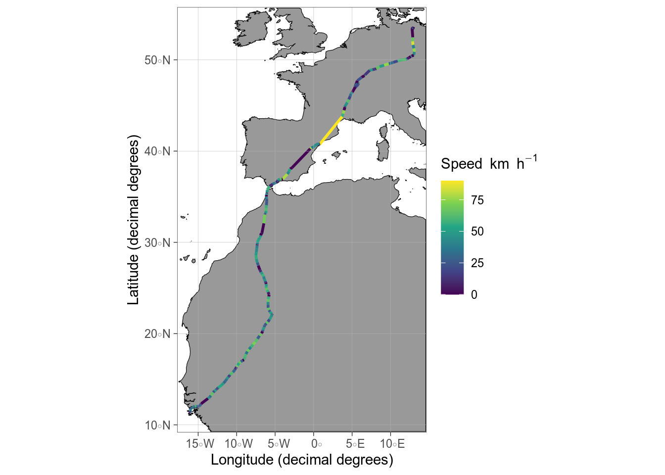 Maps showing flight speed of a migrating osprey from Germany to West Africa.