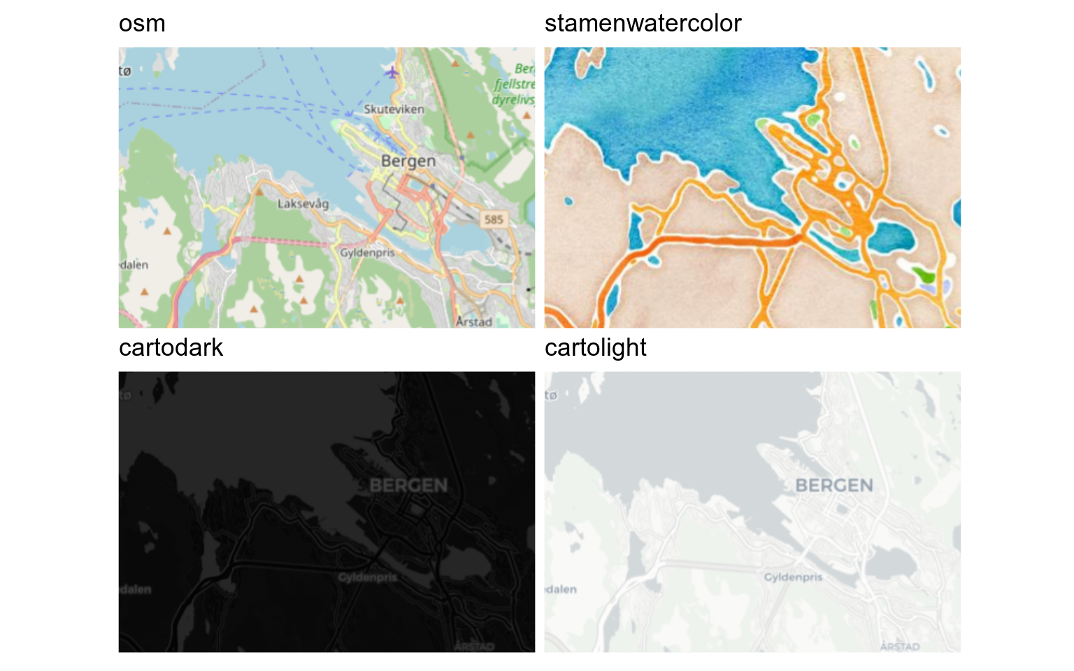 maps of Bergen with different tiled backgrounds