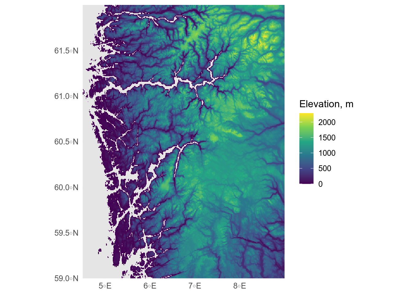 Raster map showing digital elevation model of vestland, cropped at sealevel.
