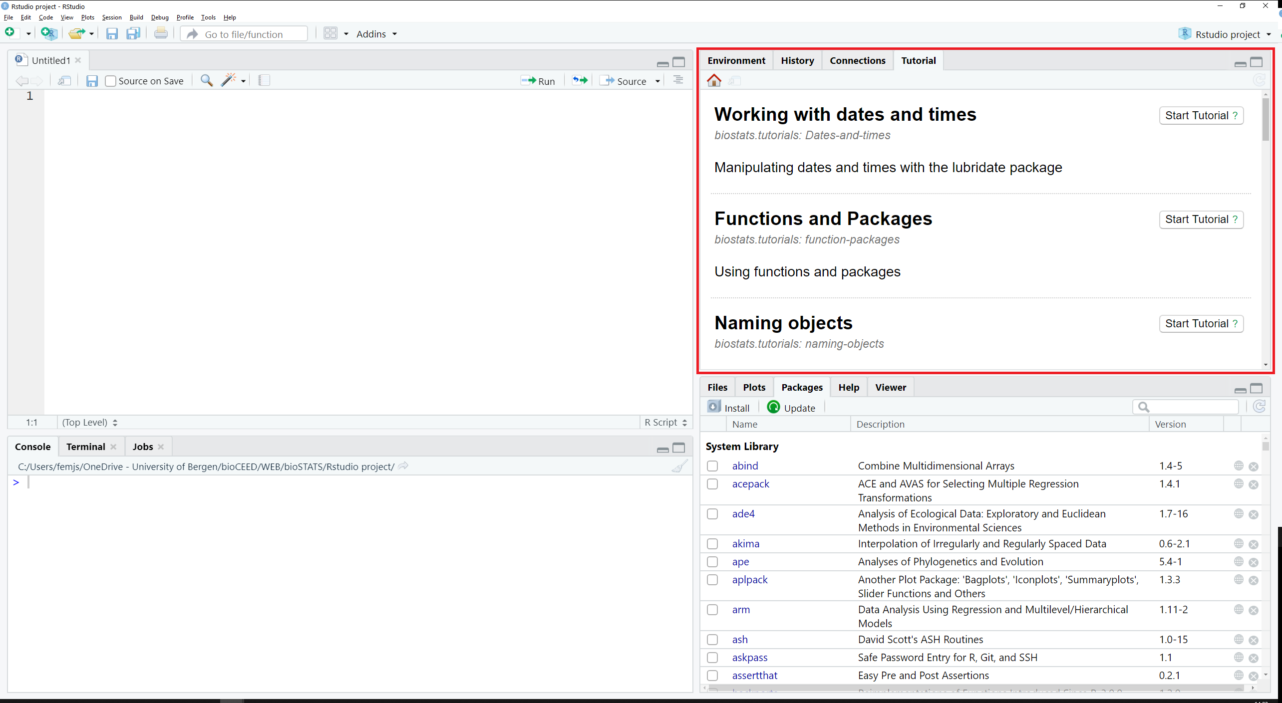 Screenshot of RStudio showing the location of the Tutorial tab.