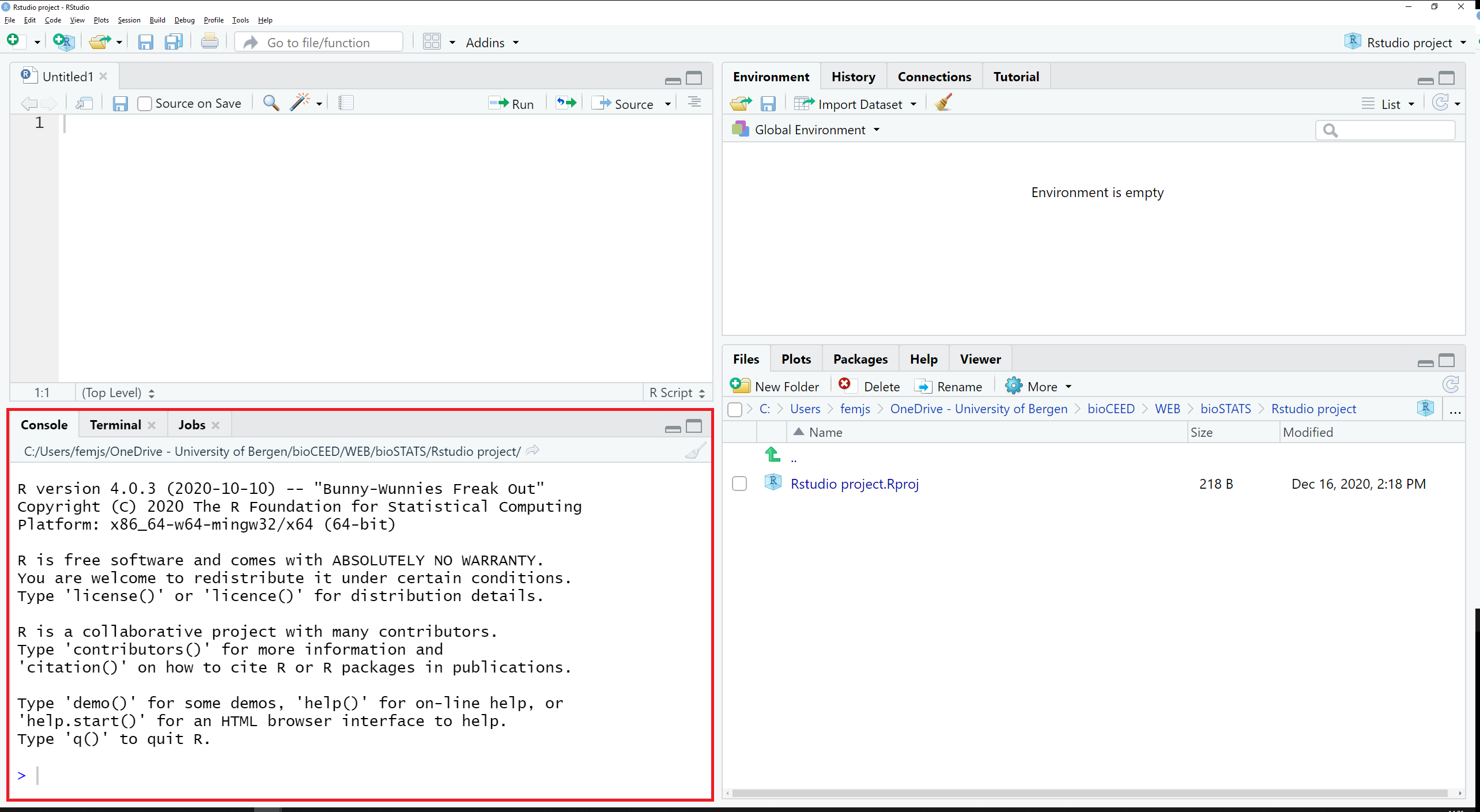 Screenshot of RStudio showing the location of the Console and Terminal tabs in the bottom left.