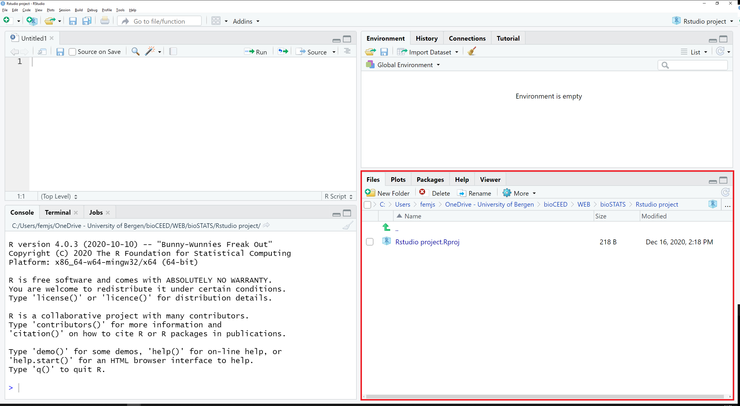 Screenshot of RStudio the location of the Files, Plots and Packages tabs in the bottom right pane.