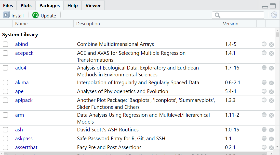 Screenshot of RStudio showing the Packages tab with several packages installed.