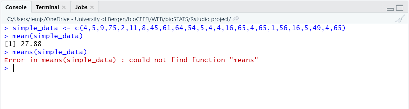 Screenshot of the RStudio console showing code, output and messages in different colours.