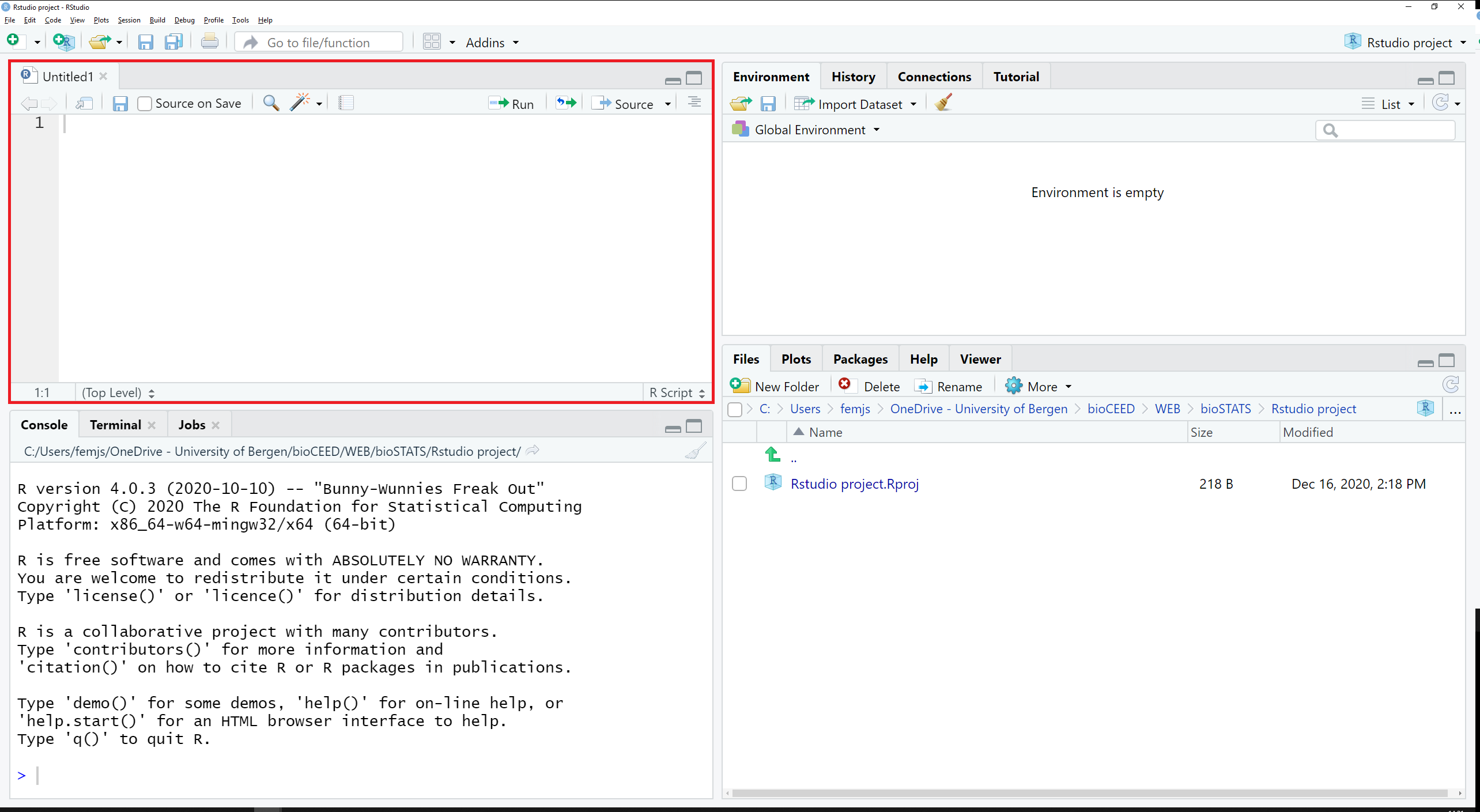 Screenshot of RStudio showing a new script in the top left