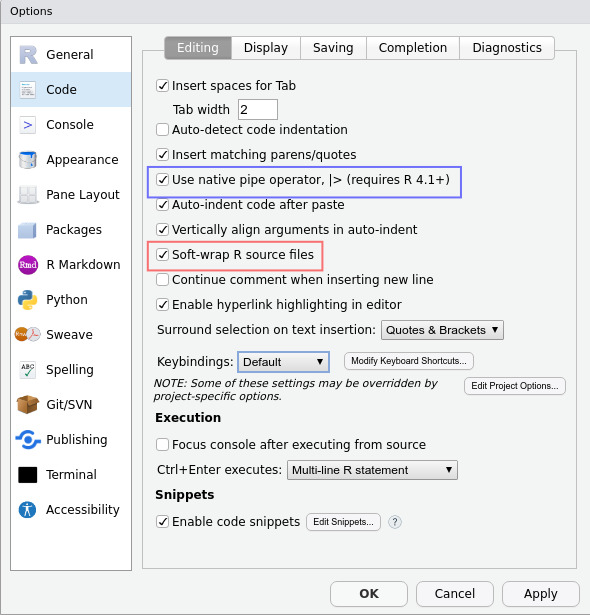 Screenshot of Options menu in RStudio for softwrapping scripts and using the native pipe operator