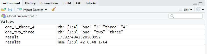 Screenshot of the RStudio environment tab with four objects in memory