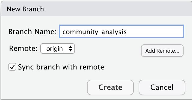 Screenshot of the new branch popup window in RStudio