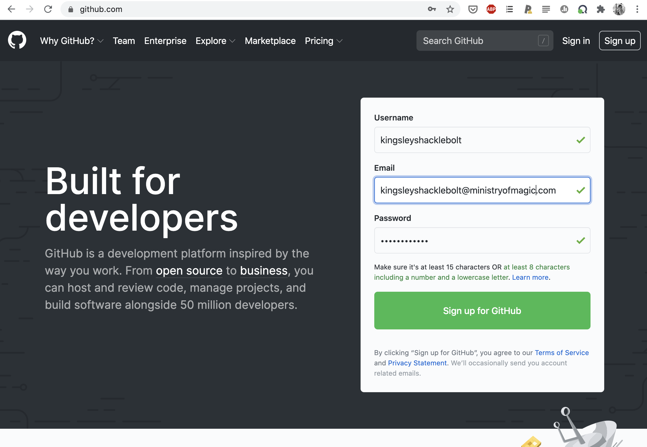 Screenshot of github.com, sign-up for a GitHub account