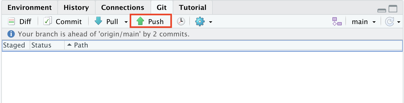 Screenshot of the git push button in Rstudio.